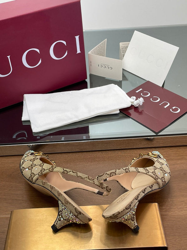 GG Horsebit Slingback 45MM Beige Ebony Monogram Canvas Point Toe Crystal-Embellished