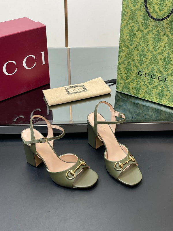 GG Women Horsebit High Heel Sandal Open Toe Olive Sheepskin 149217