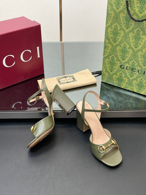 GG Women Horsebit High Heel Sandal Open Toe Olive Sheepskin 149217