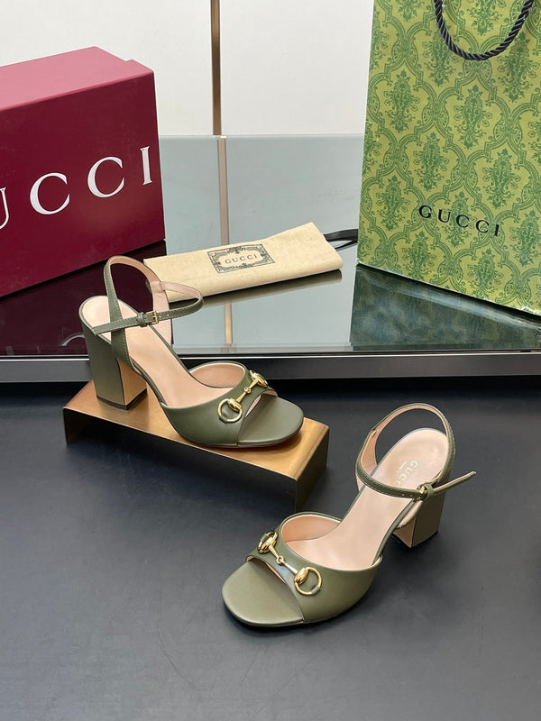 GG Women Horsebit High Heel Sandal Open Toe Olive Sheepskin 149217