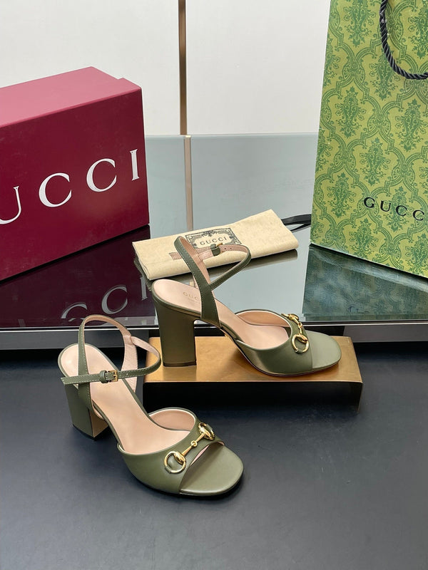 GG Women Horsebit High Heel Sandal Open Toe Olive Sheepskin 149217