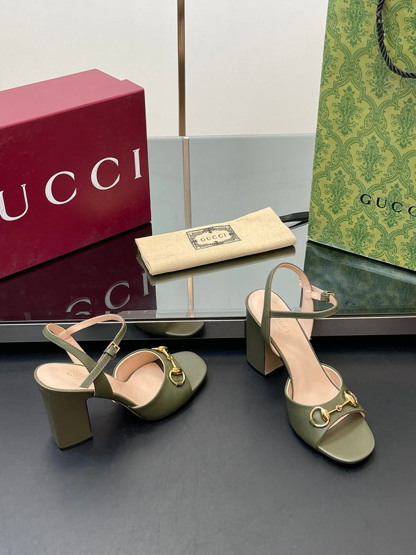 GG Women Horsebit High Heel Sandal Open Toe Olive Sheepskin 149217