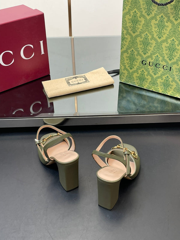 GG Women Horsebit High Heel Sandal Open Toe Olive Sheepskin 149217