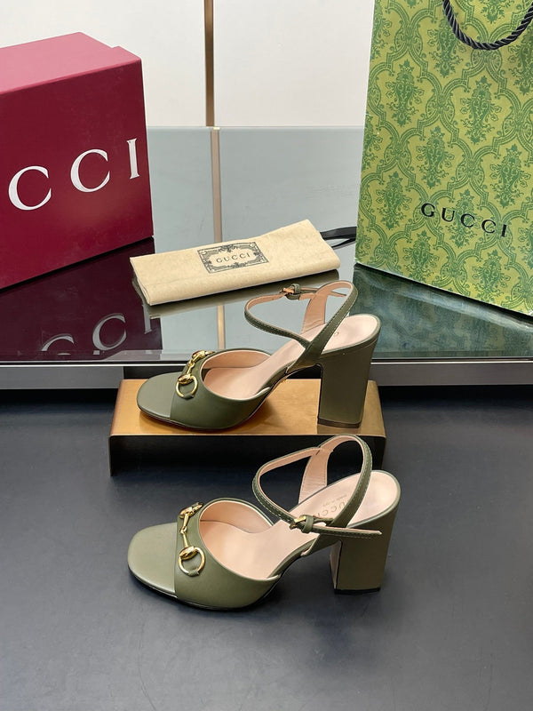 GG Women Horsebit High Heel Sandal Open Toe Olive Sheepskin 149217