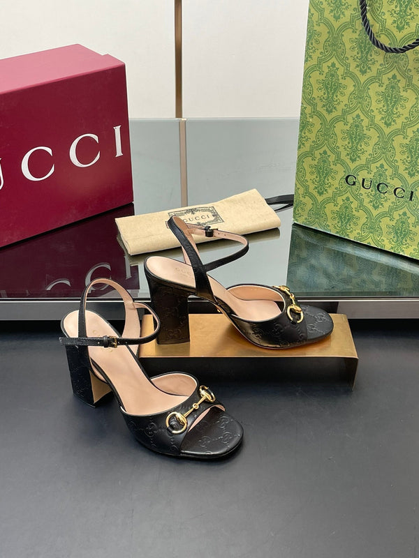 GG Women Horsebit Embossed High Heel Sandal Open Toe Black Sheepskin 149221