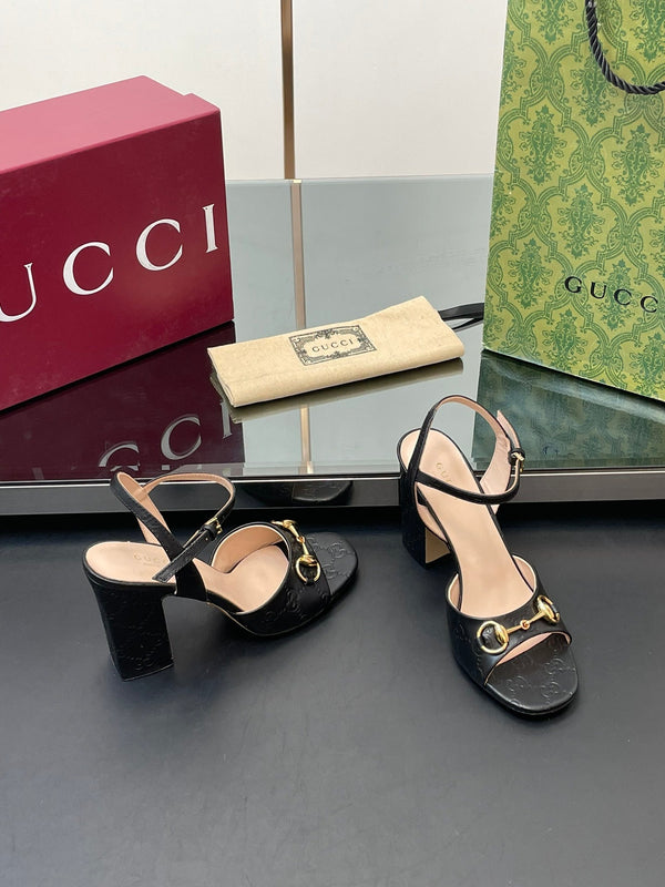 GG Women Horsebit Embossed High Heel Sandal Open Toe Black Sheepskin 149221