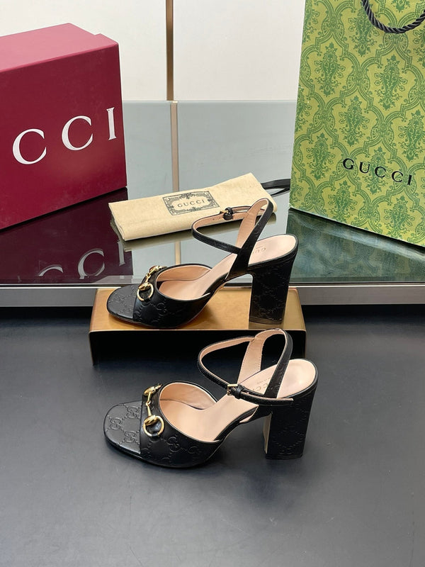 GG Women Horsebit Embossed High Heel Sandal Open Toe Black Sheepskin 149221