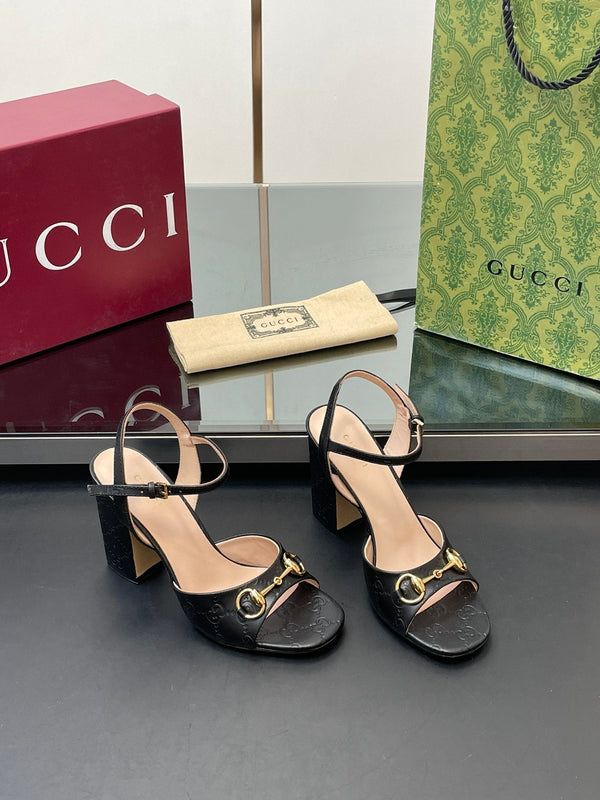 GG Women Horsebit Embossed High Heel Sandal Open Toe Black Sheepskin 149221