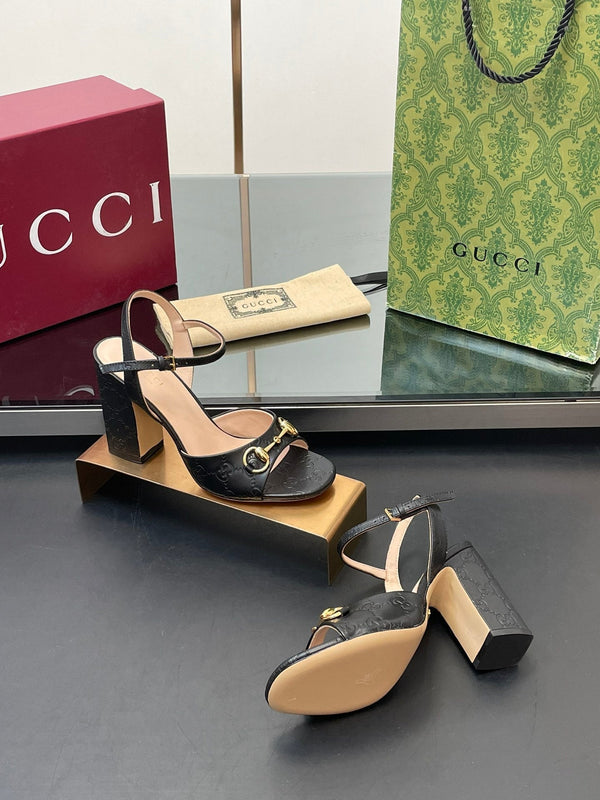 GG Women Horsebit Embossed High Heel Sandal Open Toe Black Sheepskin 149221