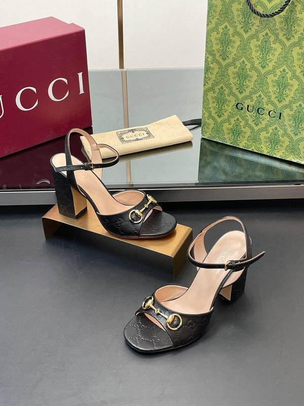 GG Women Horsebit Embossed High Heel Sandal Open Toe Black Sheepskin 149221