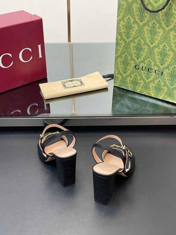 GG Women Horsebit Embossed High Heel Sandal Open Toe Black Sheepskin 149221