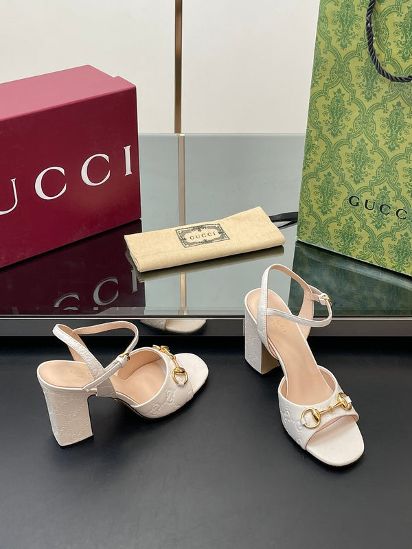 GG Women Horsebit Embossed High Heel Sandal Open Toe Cream Sheepskin 149223