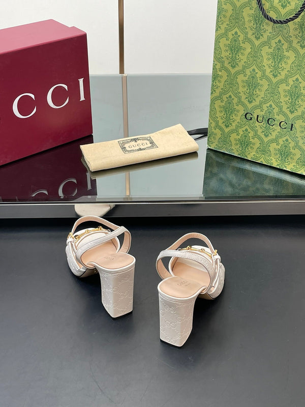 GG Women Horsebit Embossed High Heel Sandal Open Toe Cream Sheepskin 149223