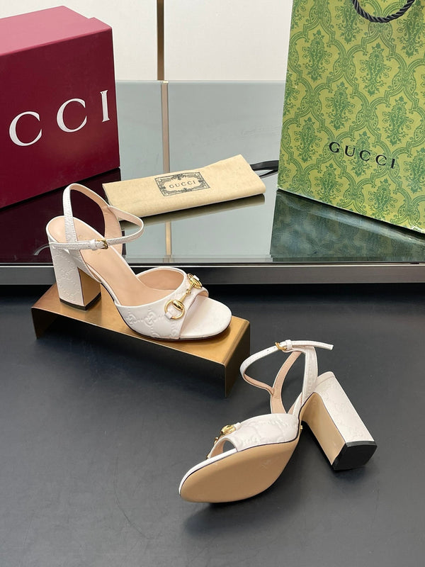 GG Women Horsebit Embossed High Heel Sandal Open Toe Cream Sheepskin 149223