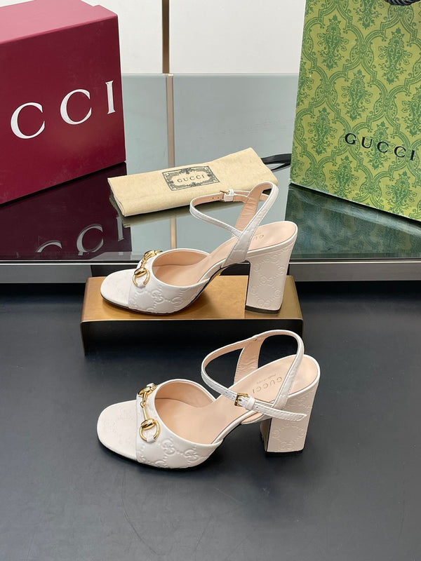 GG Women Horsebit Embossed High Heel Sandal Open Toe Cream Sheepskin 149223