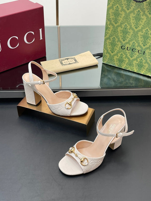 GG Women Horsebit Embossed High Heel Sandal Open Toe Cream Sheepskin 149223