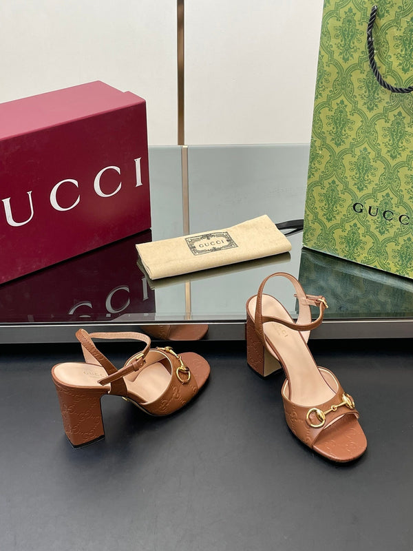 GG Women Horsebit Embossed High Heel Sandal Open Toe Gold Sheepskin 149225