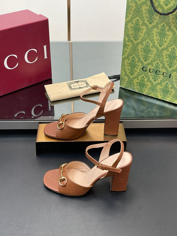 GG Women Horsebit Embossed High Heel Sandal Open Toe Gold Sheepskin 149225