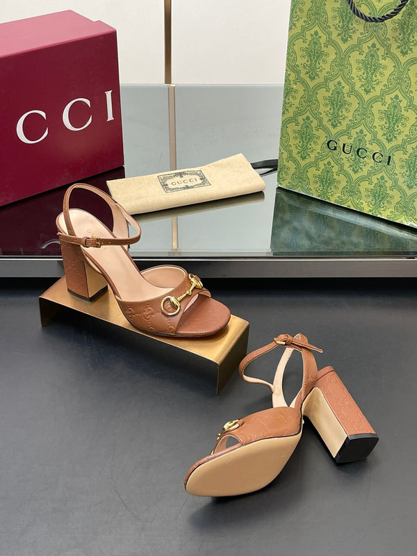 GG Women Horsebit Embossed High Heel Sandal Open Toe Gold Sheepskin 149225