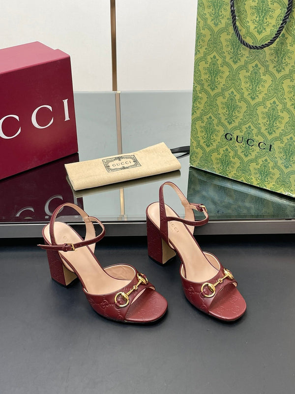 GG Women Horsebit Embossed High Heel Sandal Open Toe Burgundy Sheepskin 149227