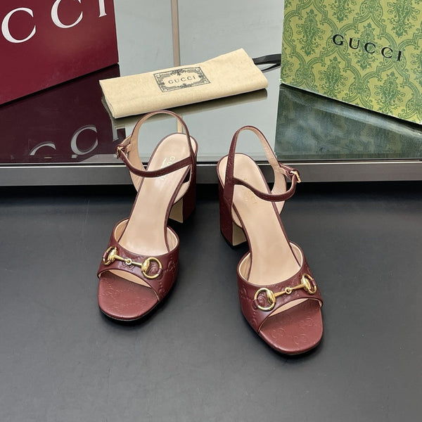 GG Women Horsebit Embossed High Heel Sandal Open Toe Burgundy Sheepskin 149227