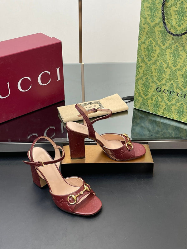 GG Women Horsebit Embossed High Heel Sandal Open Toe Burgundy Sheepskin 149227