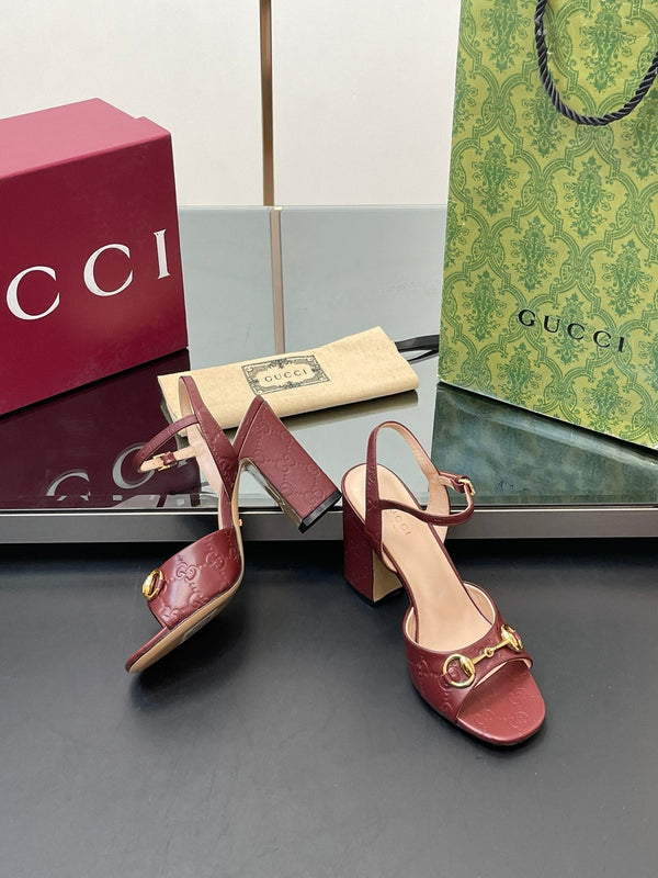 GG Women Horsebit Embossed High Heel Sandal Open Toe Burgundy Sheepskin 149227