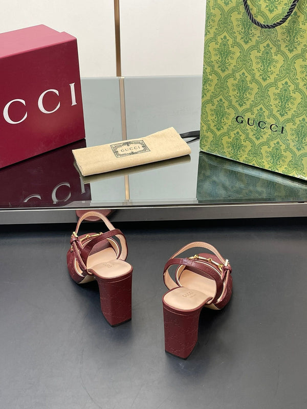 GG Women Horsebit Embossed High Heel Sandal Open Toe Burgundy Sheepskin 149227