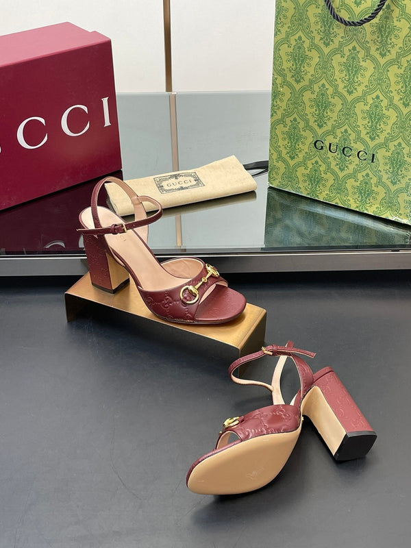 GG Women Horsebit Embossed High Heel Sandal Open Toe Burgundy Sheepskin 149227