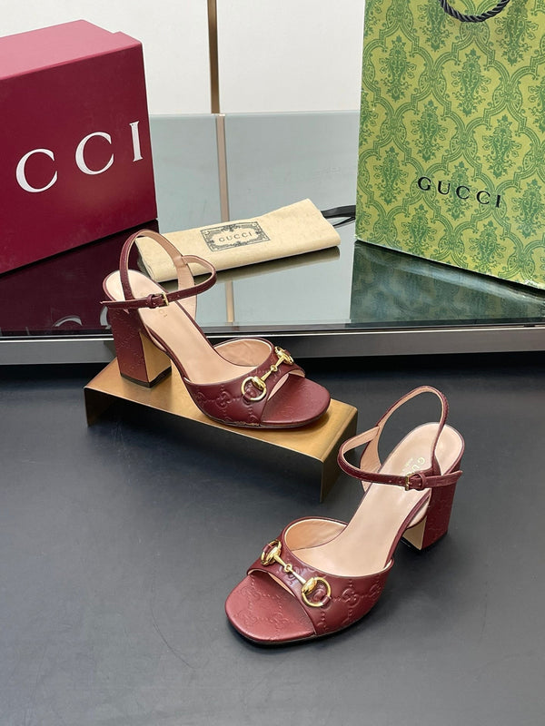 GG Women Horsebit Embossed High Heel Sandal Open Toe Burgundy Sheepskin 149227