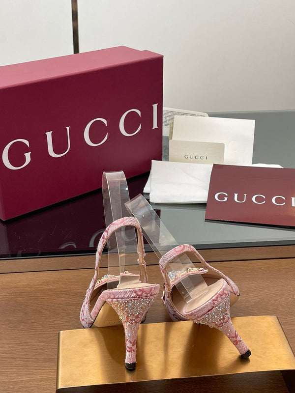 GG Horsebit Slingback 45MM Pink Ebony Monogram Canvas Point Toe Crystal-Embellished