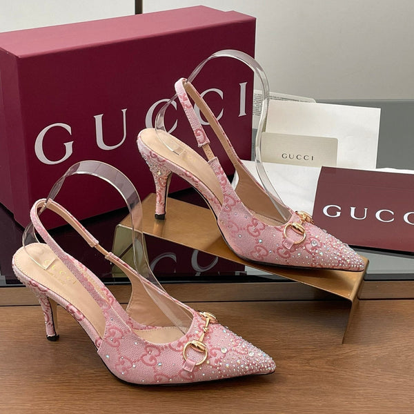 GG Horsebit Slingback 45MM Pink Ebony Monogram Canvas Point Toe Crystal-Embellished