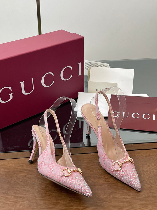 GG Horsebit Slingback 45MM Pink Ebony Monogram Canvas Point Toe Crystal-Embellished