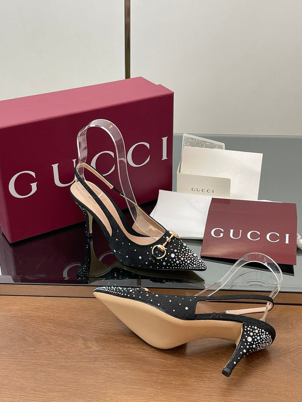 GG Horsebit Slingback 45MM Black Ebony Monogram Canvas Point Toe Crystal-Embellished