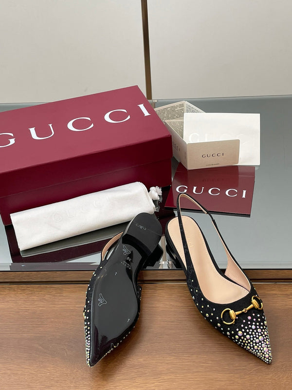 GG Horsebit Slingback Flat Black Ebony Monogram Canvas Point Toe Crystal-Embellished