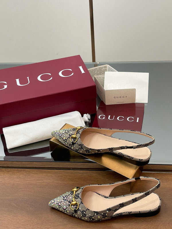 GG Horsebit Slingback Flat Black Ebony Monogram Canvas Point Toe Crystal-Embellished