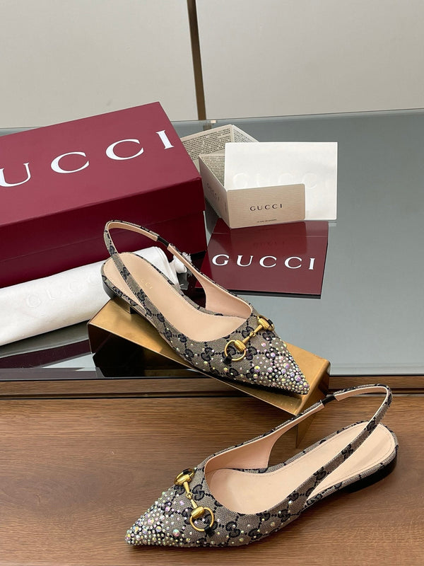 GG Horsebit Slingback Flat Black Ebony Monogram Canvas Point Toe Crystal-Embellished