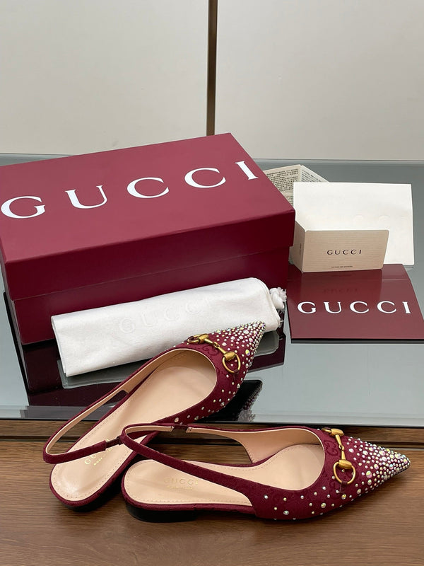 GG Horsebit Slingback Flat Red Ebony Monogram Canvas Point Toe Crystal-Embellished