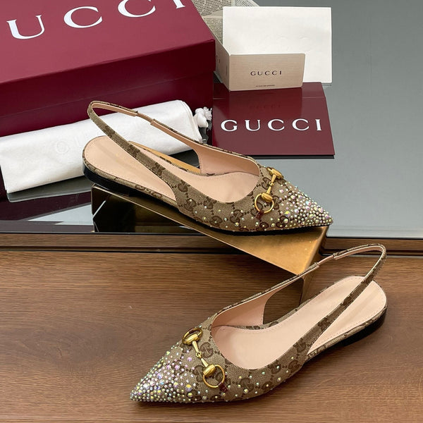GG Horsebit Slingback Flat Beige Ebony Monogram Canvas Point Toe Crystal-Embellished