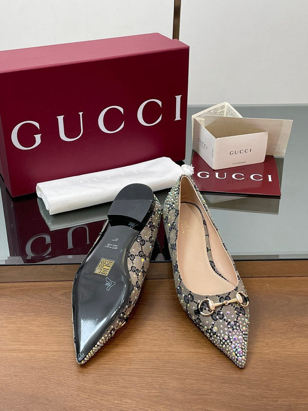 GG Horsebit Ballet Flat Beige Black Monogram Canvas Crystal-Embellished