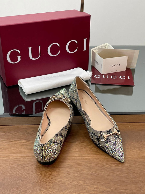 GG Horsebit Ballet Flat Beige Black Monogram Canvas Crystal-Embellished