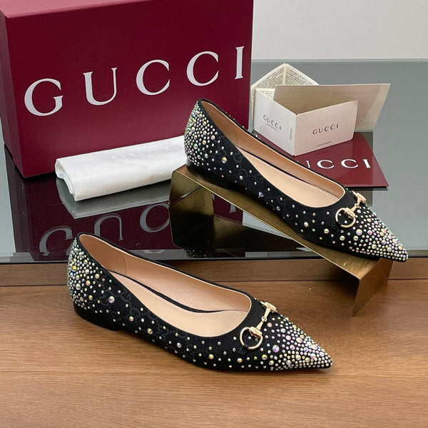 GG Horsebit Ballet Flat Black Ebony Monogram Canvas Crystal-Embellished