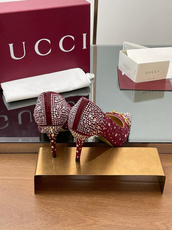 GG Horsebit Pump 85 Red Ebony Monogram Canvas Crystal-Embellished