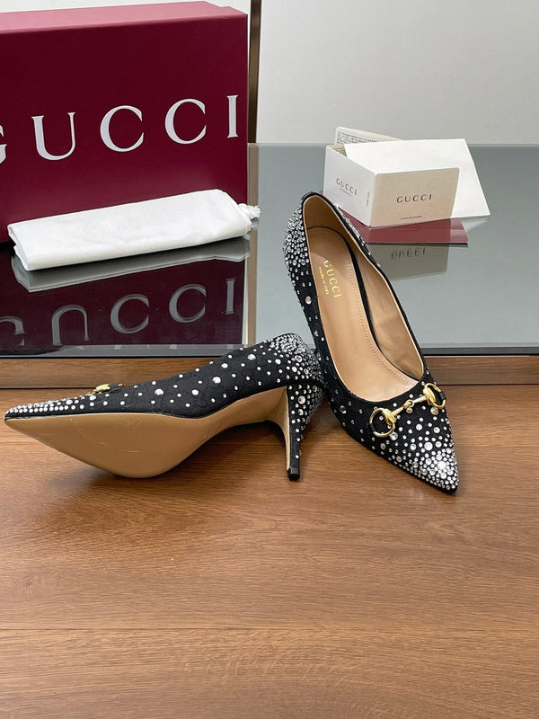 GG Horsebit Pump 85 Black Ebony Monogram Canvas Crystal-Embellished