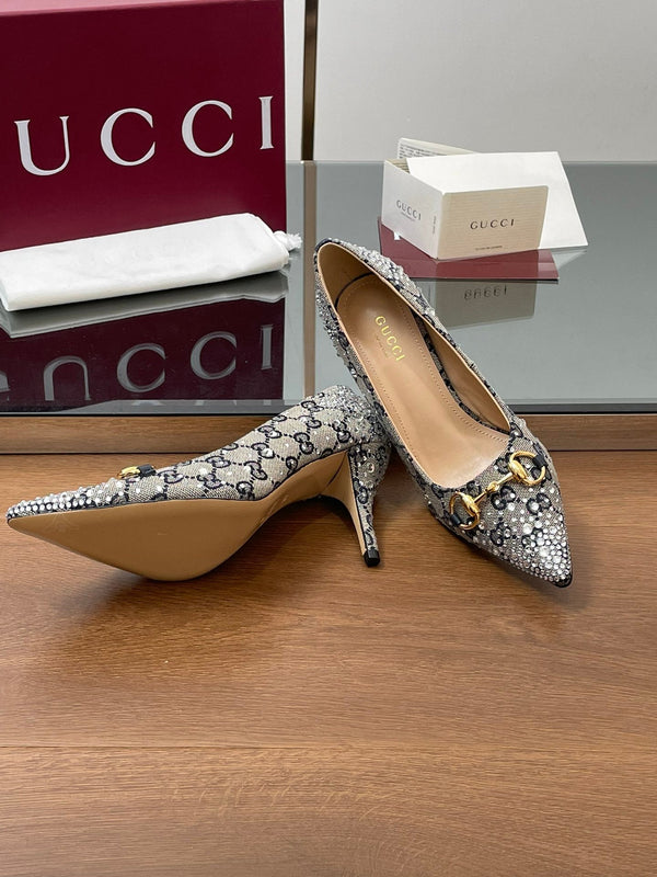 GG Horsebit Pump 85 Beige Black Monogram Canvas Crystal-Embellished