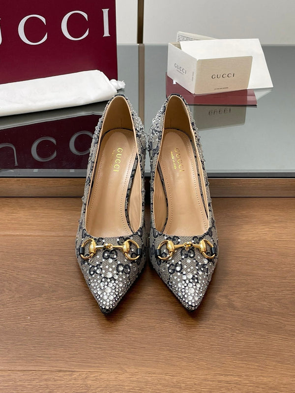 GG Horsebit Pump 85 Beige Black Monogram Canvas Crystal-Embellished