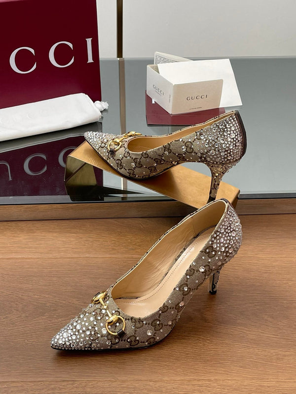 GG Horsebit Pump 85 Beige Ebony Monogram Canvas Crystal-Embellished