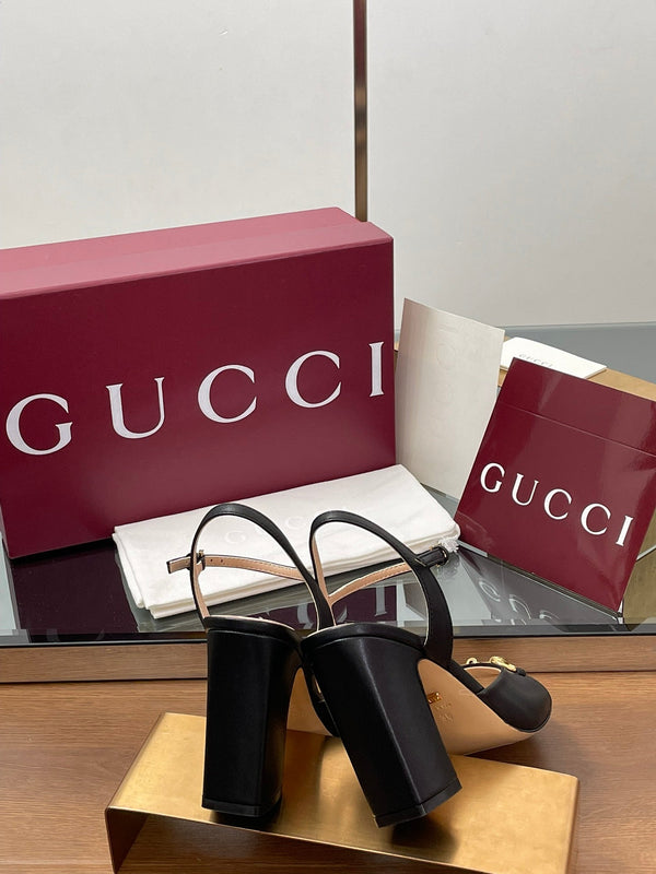 GG Women Horsebit High Heel Sandal Open Toe Black Sheepskin 225967