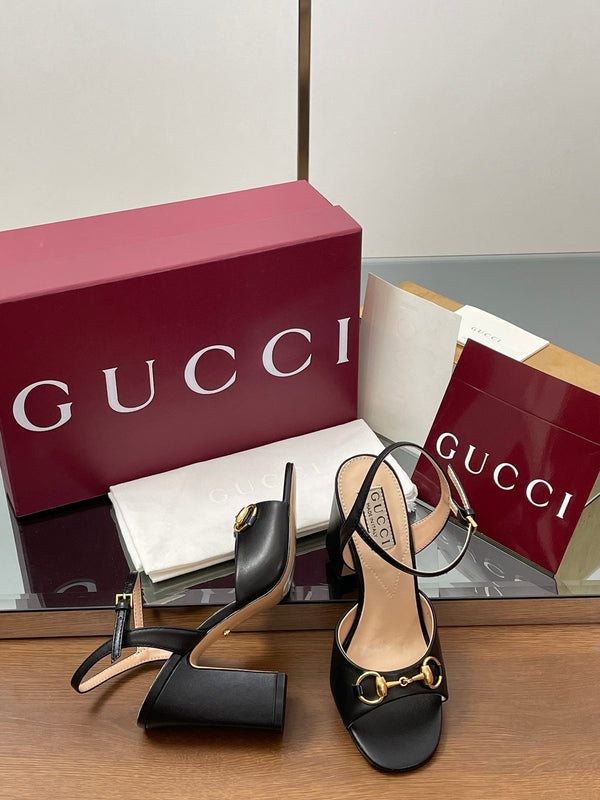 GG Women Horsebit High Heel Sandal Open Toe Black Sheepskin 225967