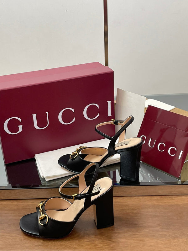 GG Women Horsebit High Heel Sandal Open Toe Black Sheepskin 225967